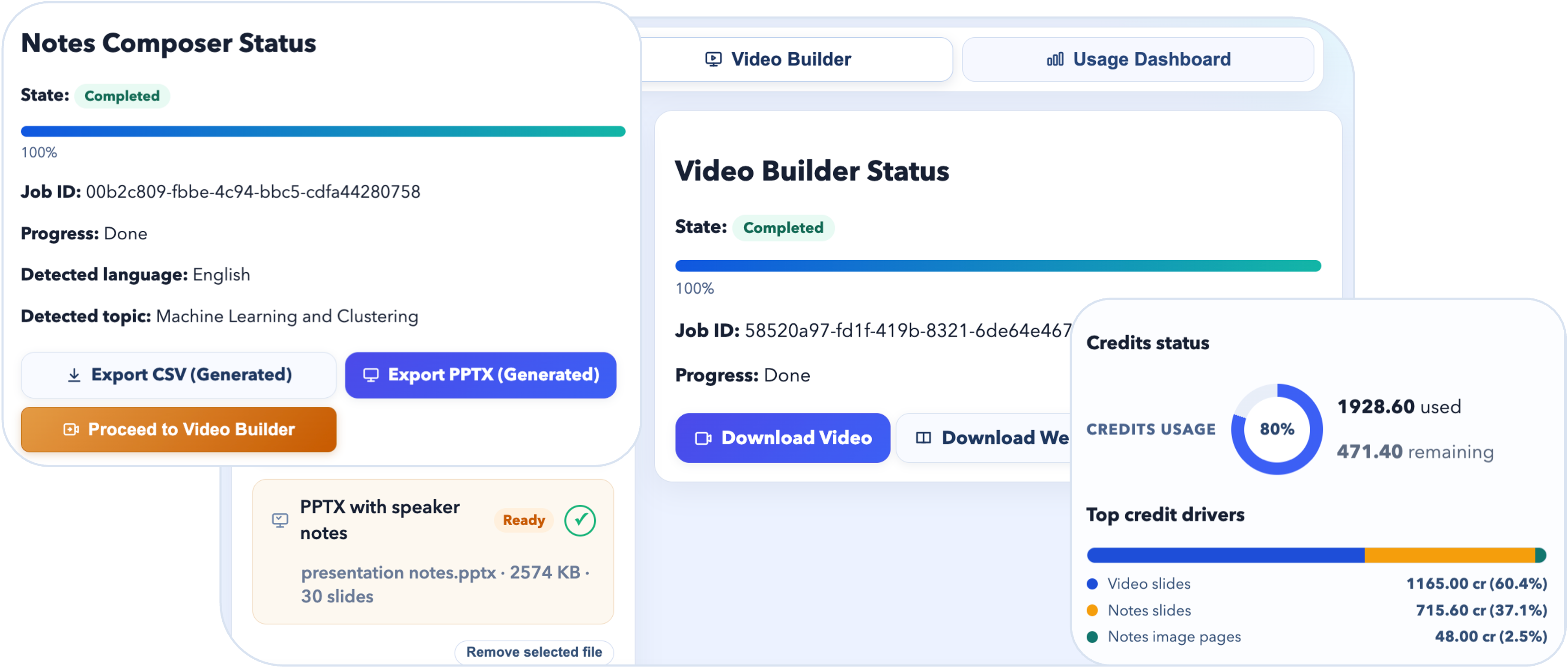 SlideNarrate product preview showing notes, video outputs, and usage status
